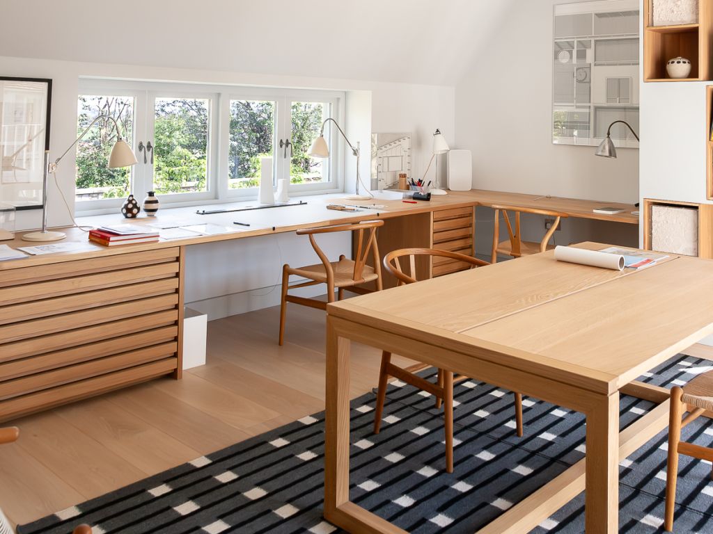 studio fitout with oak plan chests, table tops and table