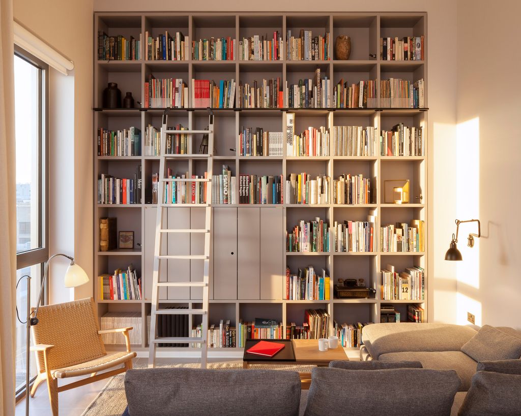 shelving unit with tv cabinet and library ladder